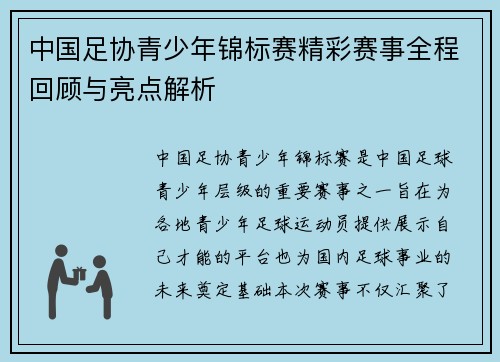 中国足协青少年锦标赛精彩赛事全程回顾与亮点解析